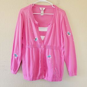 Quacker Factory Pink Embroidered Sequin Sweater Cardigan Size Large Butterfly